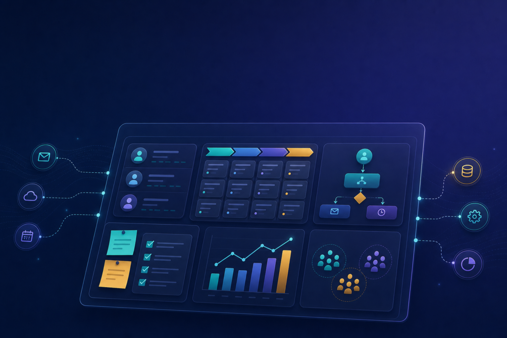 Abstract CRM dashboard illustration highlighting contacts, pipelines, automations, tasks, reporting, segmentation, and integrations.