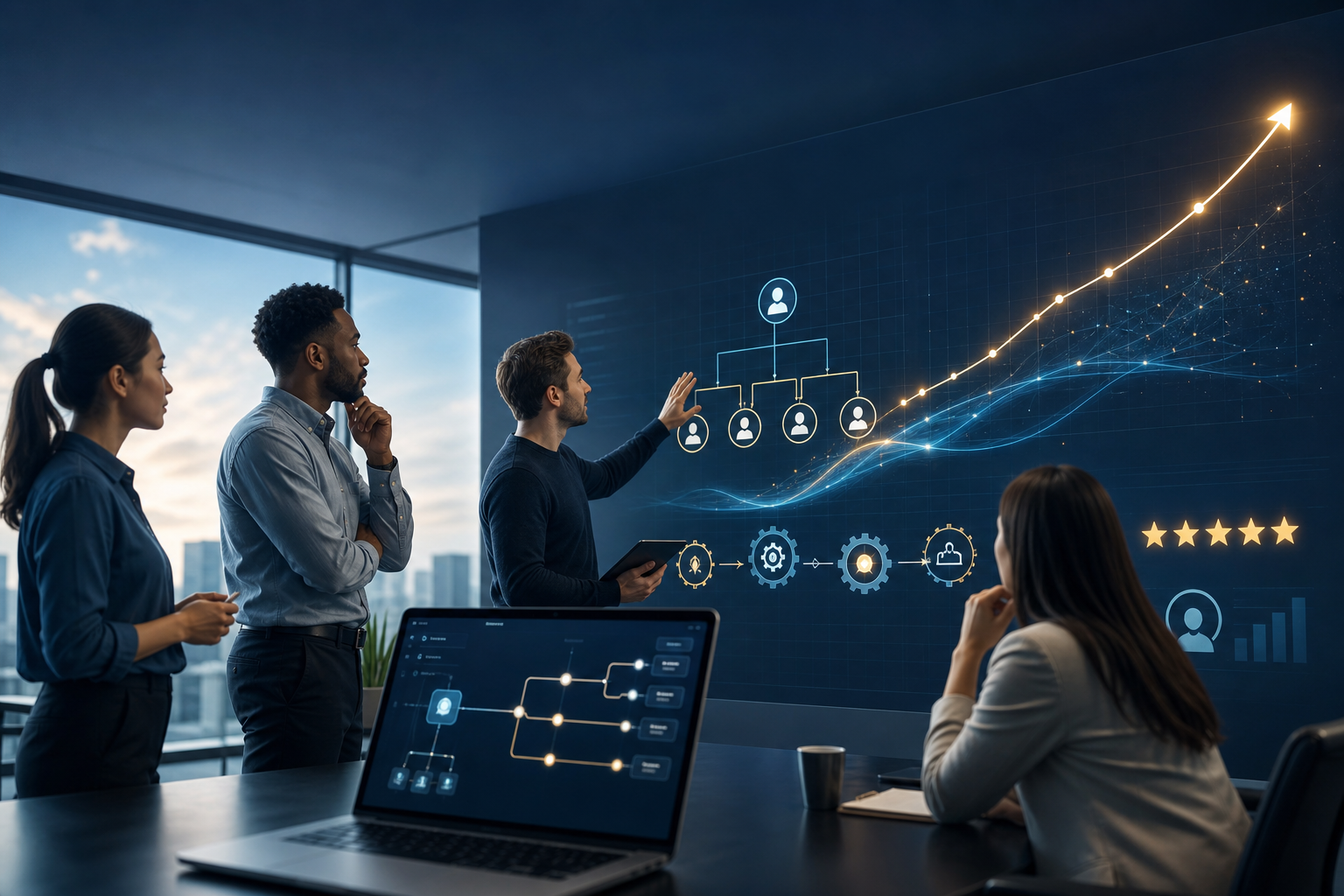 Business team reviewing how early platform software decisions affect scaling, hiring, automation, and customer experience