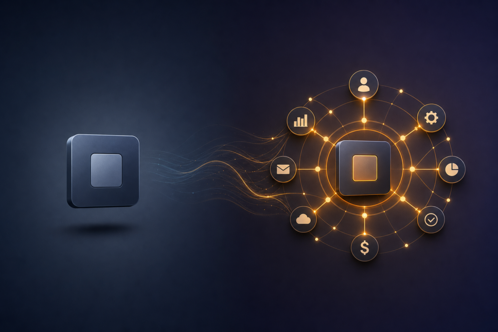 Conceptual illustration contrasting a standalone platform tool with an integrated business system where components work together