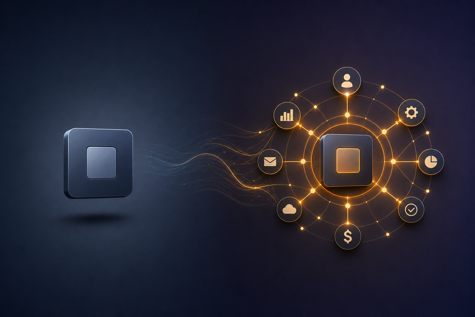 Conceptual illustration contrasting a standalone platform tool with an integrated business system where components work together