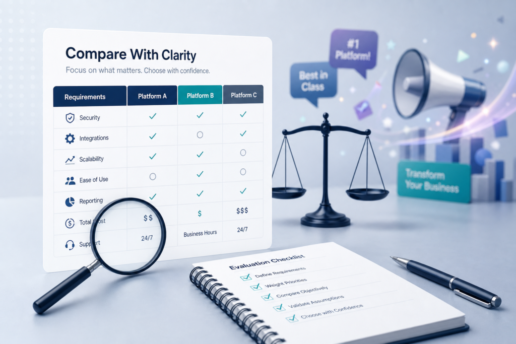 Featured image for a guide on how to compare software platforms without getting distracted by marketing, emphasizing practical evaluation over sales-page promises