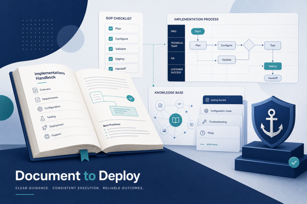 Featured image for an article on the importance of documentation when implementing software, connecting platform success to SOPs, process maps, and internal knowledge bases