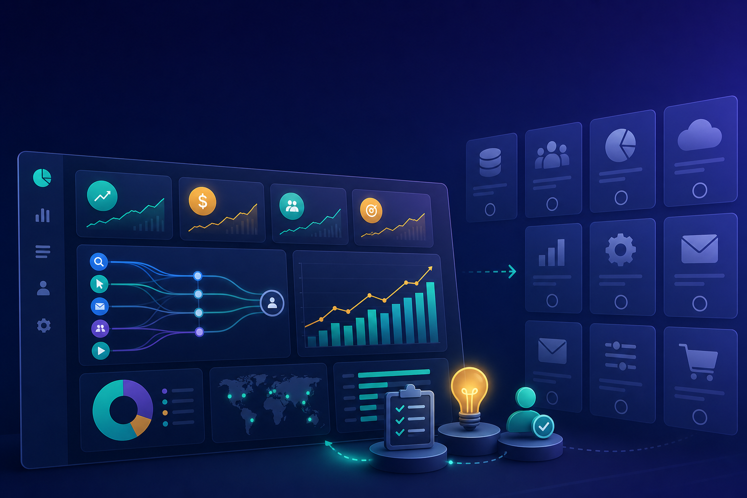 Illustration emphasizing dashboards, KPIs, attribution, and sales reporting as key factors to evaluate before selecting a business platform