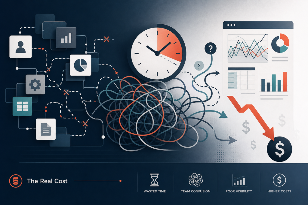 Illustration for an article on the real cost of choosing the wrong platform, including wasted time, team confusion, broken workflows, duplicate tools, and poor reporting