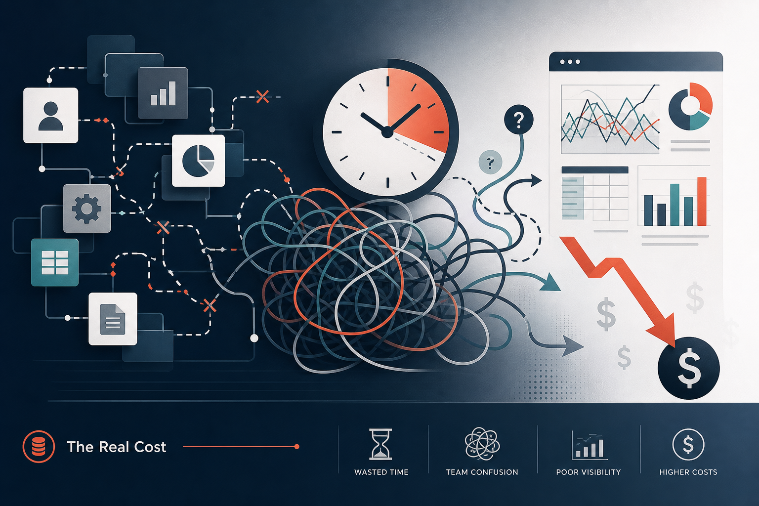Illustration for an article on the real cost of choosing the wrong platform, including wasted time, team confusion, broken workflows, duplicate tools, and poor reporting