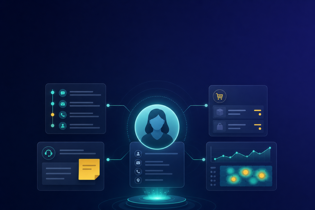 Illustration of a centralized customer profile showing interaction history, orders, support notes, and behavior tracking for improved visibility