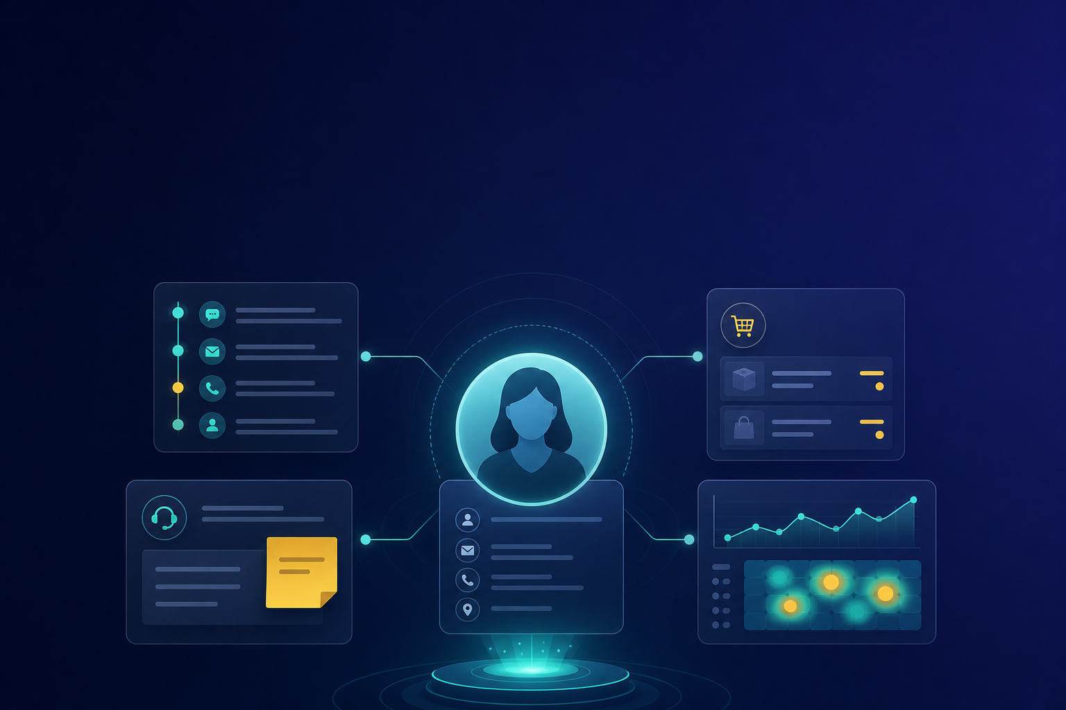 Illustration of a centralized customer profile showing interaction history, orders, support notes, and behavior tracking for improved visibility