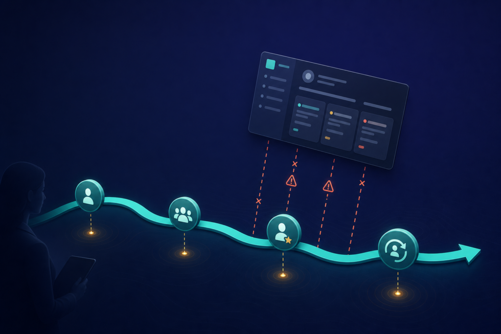 Illustration of a customer journey path with a CRM system misaligned versus properly aligned with how leads and customers move through the business