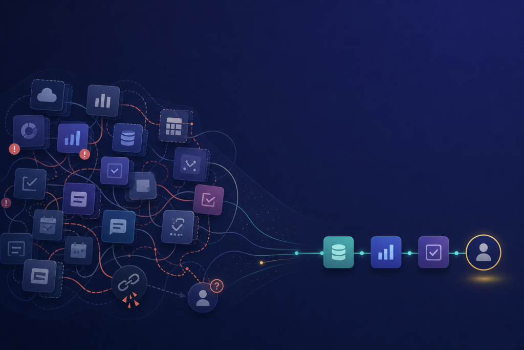 Illustration of an overlapping, tangled tech stack with duplicate tools contrasted against a simpler organized software stack