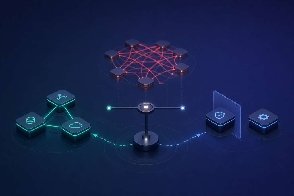 Illustration showing intentional platform connections alongside deliberately separated systems, contrasted with risky over-connected integrations