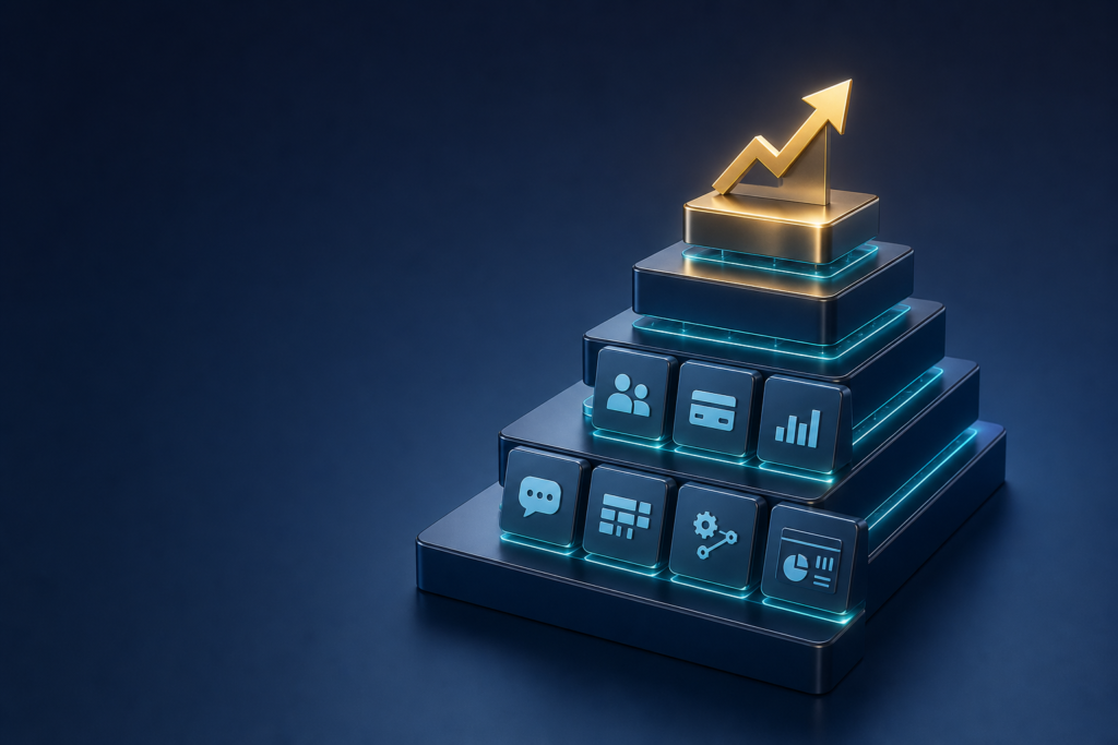 Layered platform stack illustration with CRM, payments, analytics, communication, project management, automation, and reporting supporting business growth