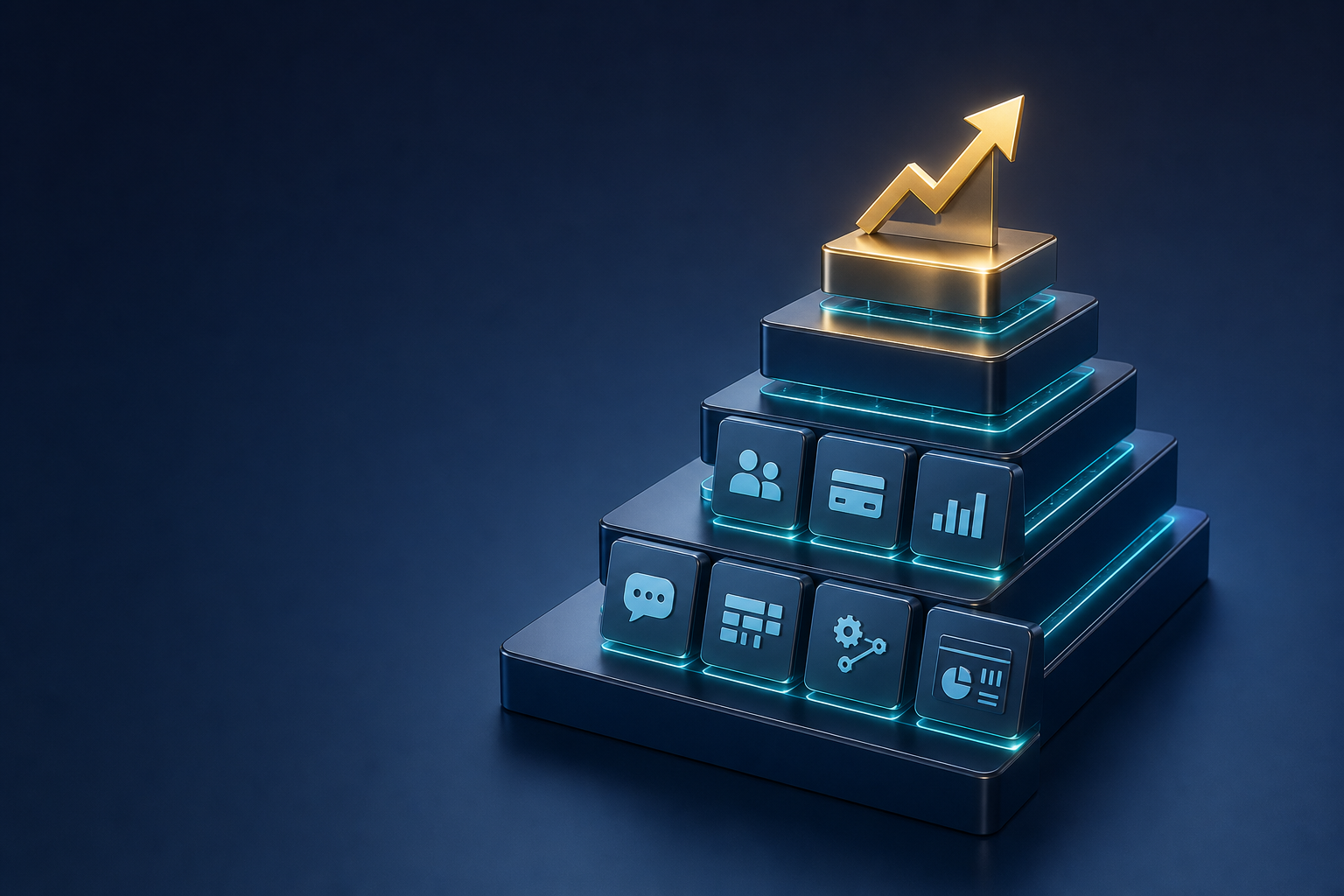 Layered platform stack illustration with CRM, payments, analytics, communication, project management, automation, and reporting supporting business growth