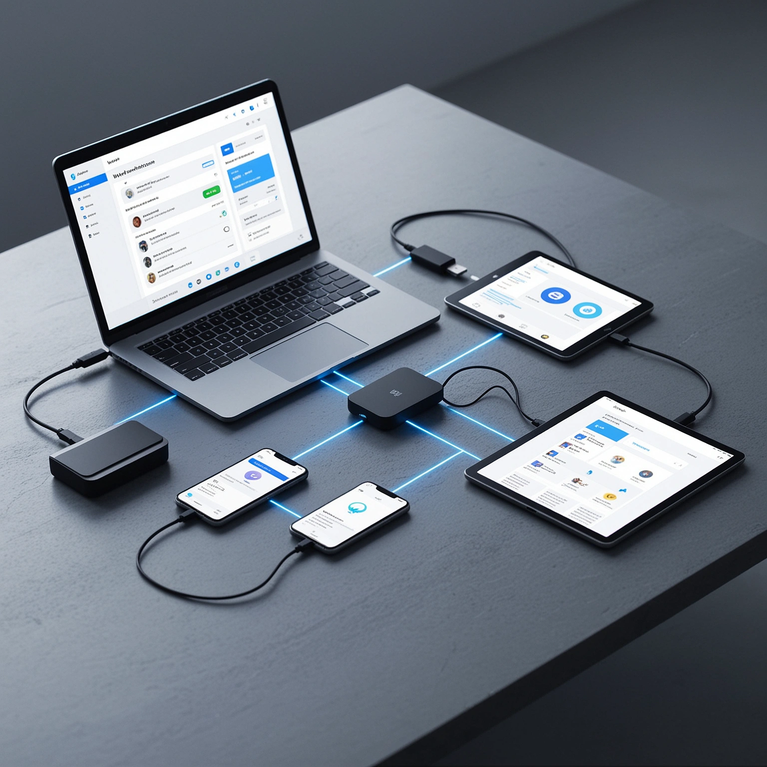 Photorealistic overhead desk image with no people: laptop, phone, and tablet linked through a central hub with subtle sync lines, while a disconnected standalone screen sits aside