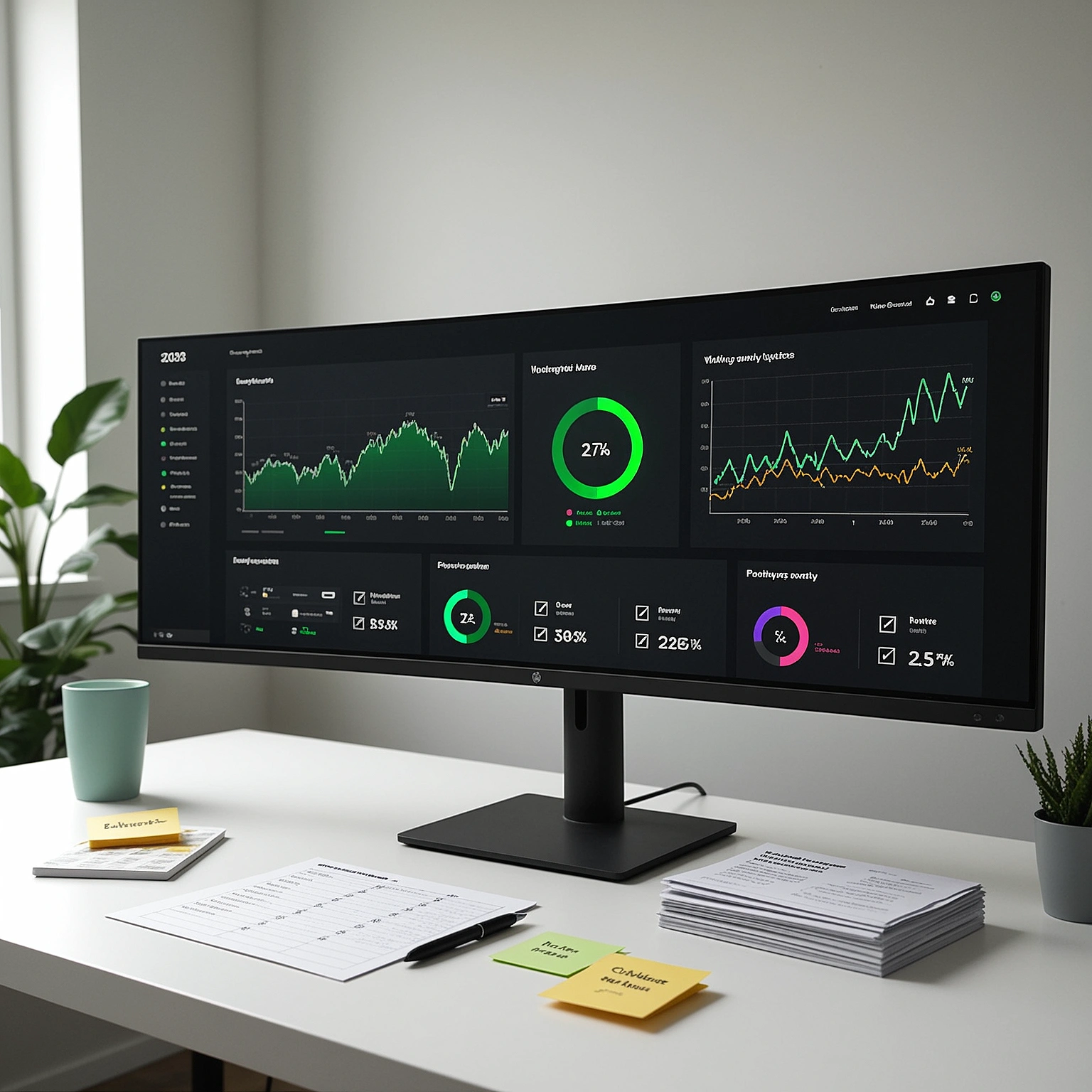 Photorealistic desk image with no people: an ultrawide monitor showing blurred 2026 platform KPIs beside a printed scorecard and monthly reports